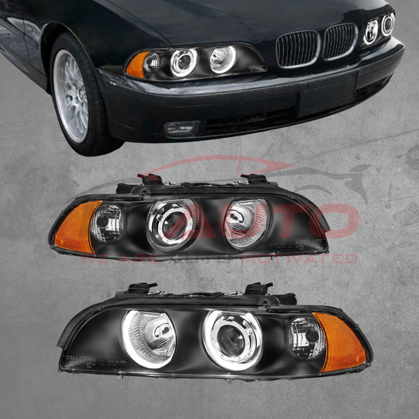 Комплект тунинг фарове с Angel Eyes за BMW 5 Series E39 (1997–2003) – черни, с включени крушки