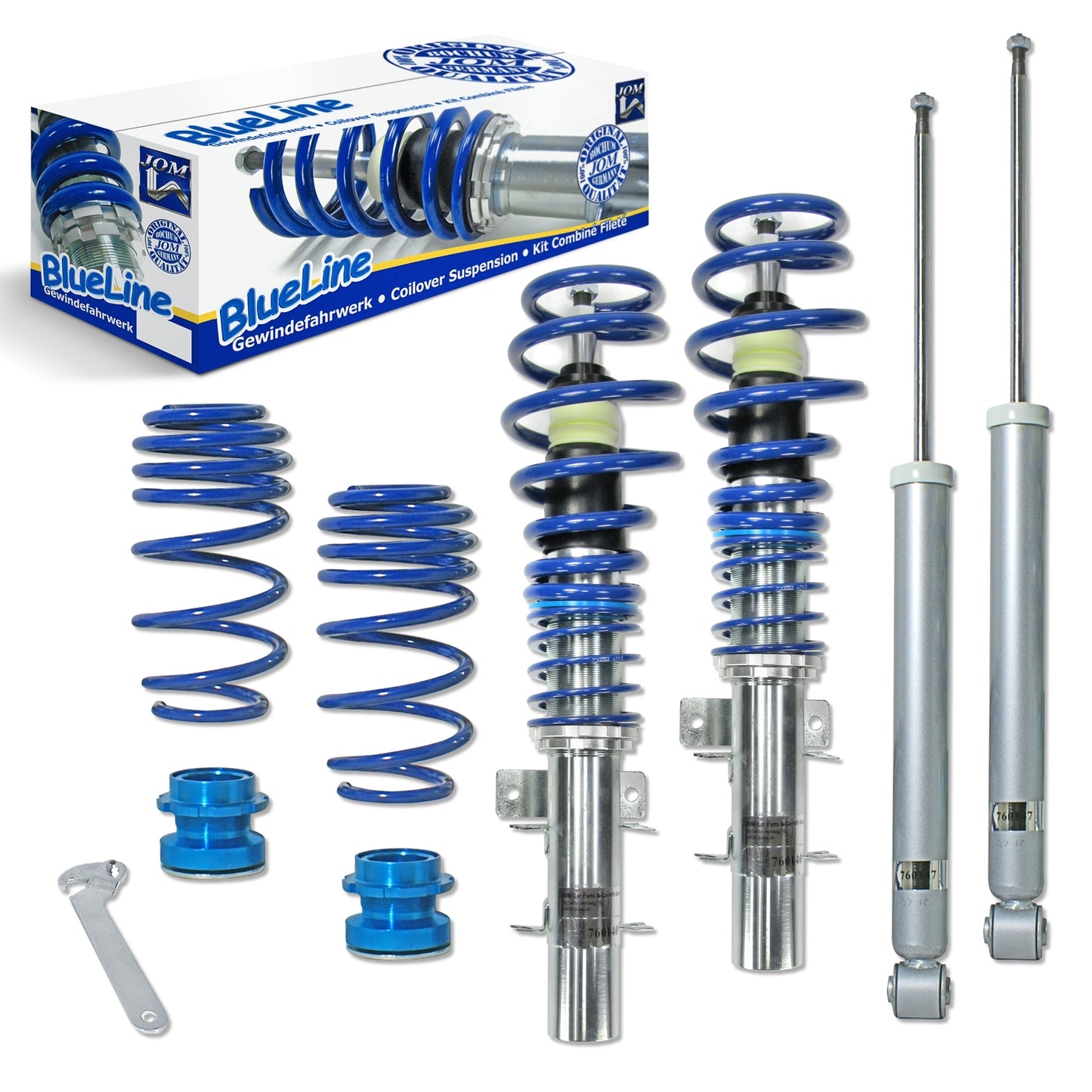 Регулируемо спортно окачване JOM BlueLine Coilover Kit подходящ за Audi A2 тип 8Z 1.4, 1.4 TDI, 1.6 година 1999 - 2005, без 4х4 на 1.2TDI
