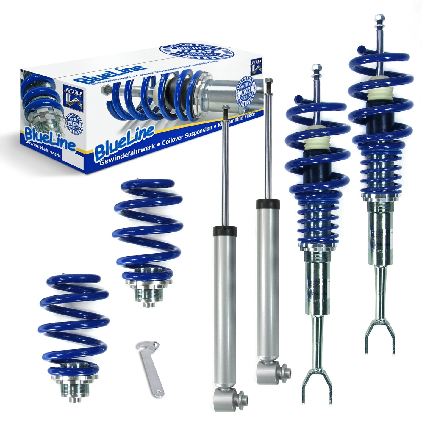Регулируемо спортно окачване JOM BlueLine Coilover Kit подходящ за Audi A6 (4F) Limousine 2.0 TDI, 2.0 TFSI, 2.4, 2.7 TDI, 2.8 FSI, 3.0, 3.2 FSI година 2004-2011, без 4х4