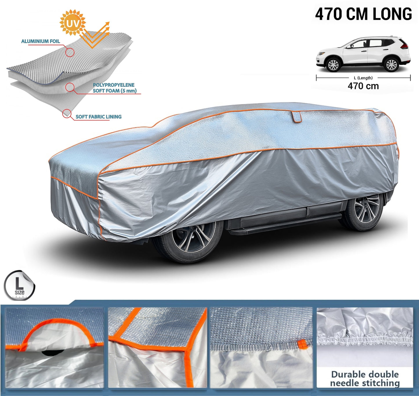 Покривало Против Градушка за SUV/Джип размер L с дължина 470x178x120 см – 5мм Защита от Градушка, Дъжд, Сняг и UV Лъчи