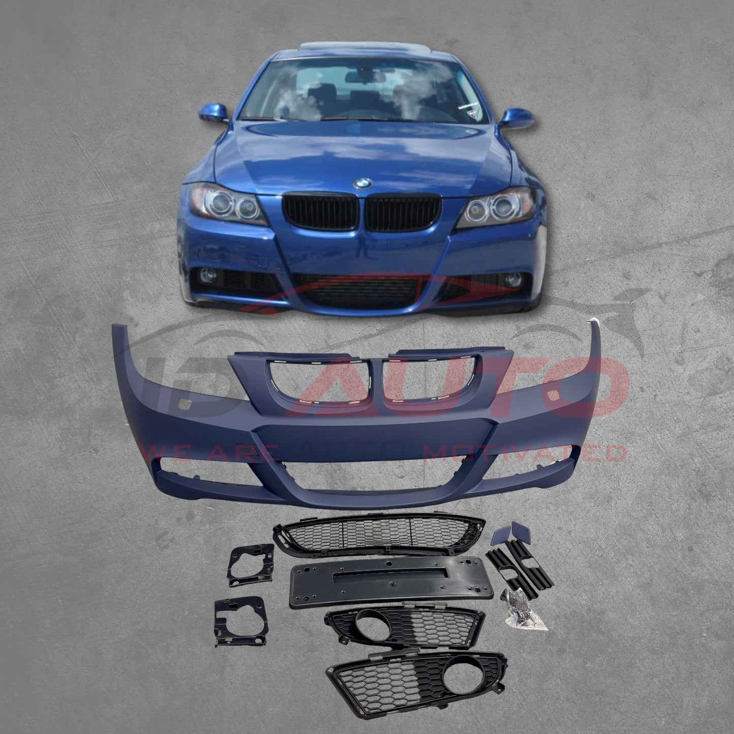 Предна броня за BMW E90/E91 (2005–2008) – M-Tech стил, с отвори за пръскалки, без парктроник, грундирана