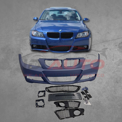 Предна броня за BMW E90/E91 (2005–2008) – M-Tech стил, с отвори за пръскалки, без парктроник, грундирана