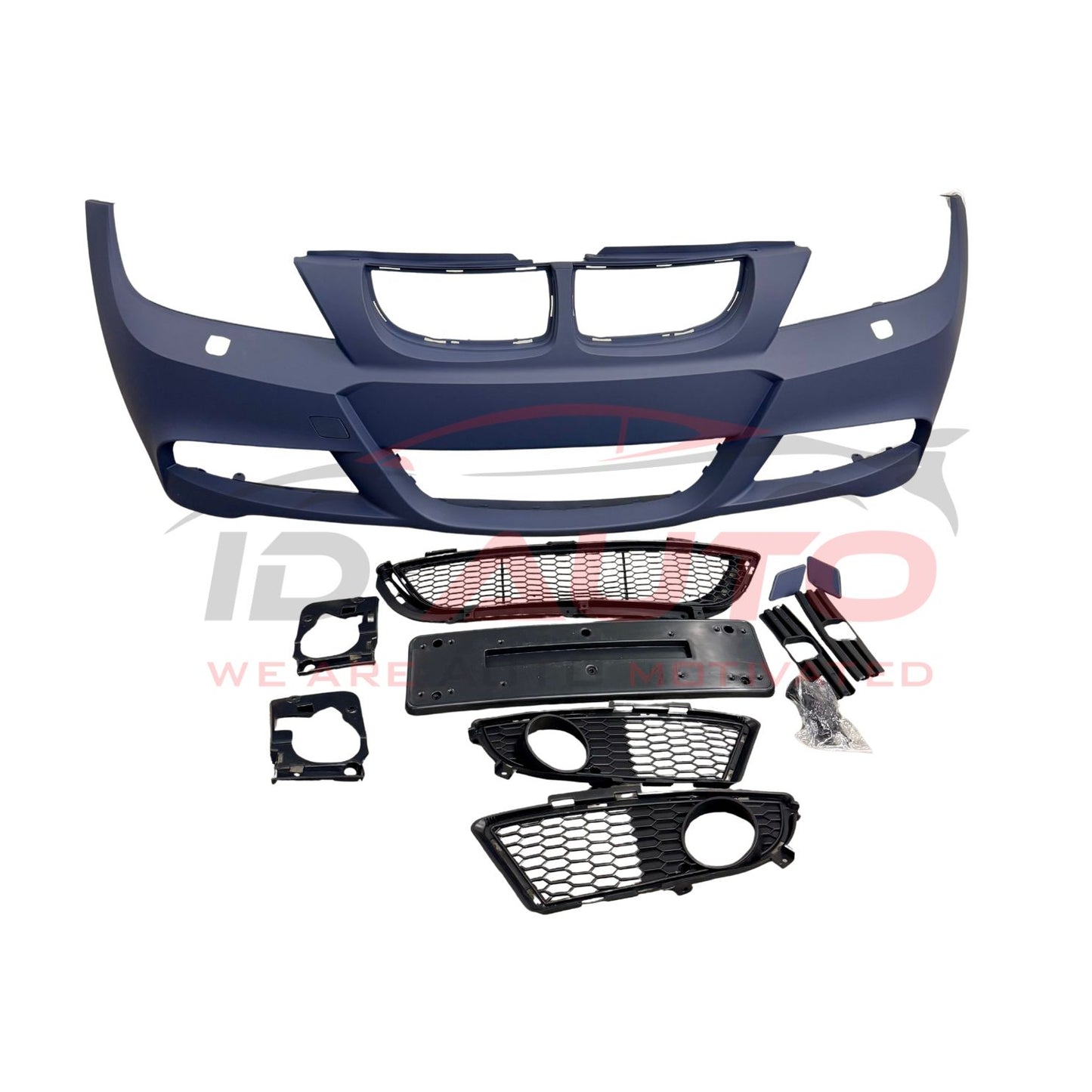 Предна броня за BMW E90/E91 (2005–2008) – M-Tech стил, с отвори за пръскалки, без парктроник, грундирана