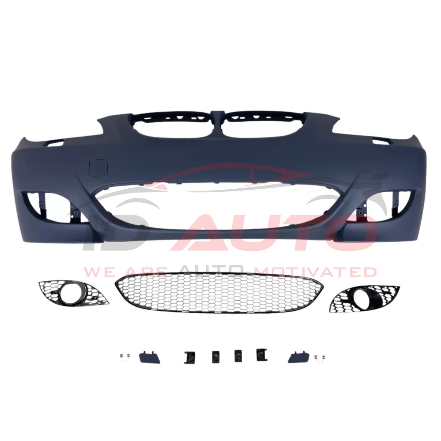 Предна броня за BMW E60/E61 – M5 стил, с отвори за халогени, грундирана, с държачи за парктроник 24 мм