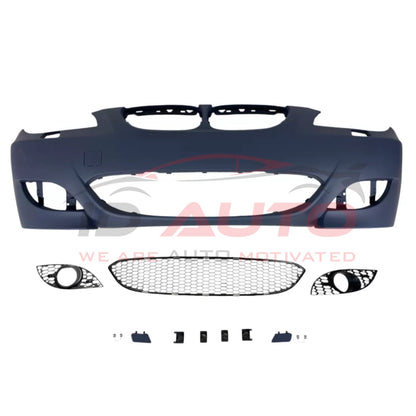 Предна броня за BMW E60/E61 – M5 стил, с отвори за халогени, грундирана, с държачи за парктроник 24 мм