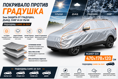 Покривало Против Градушка за SUV/Джип размер L с дължина 470x178x120 см – 5мм Защита от Градушка, Дъжд, Сняг и UV Лъчи