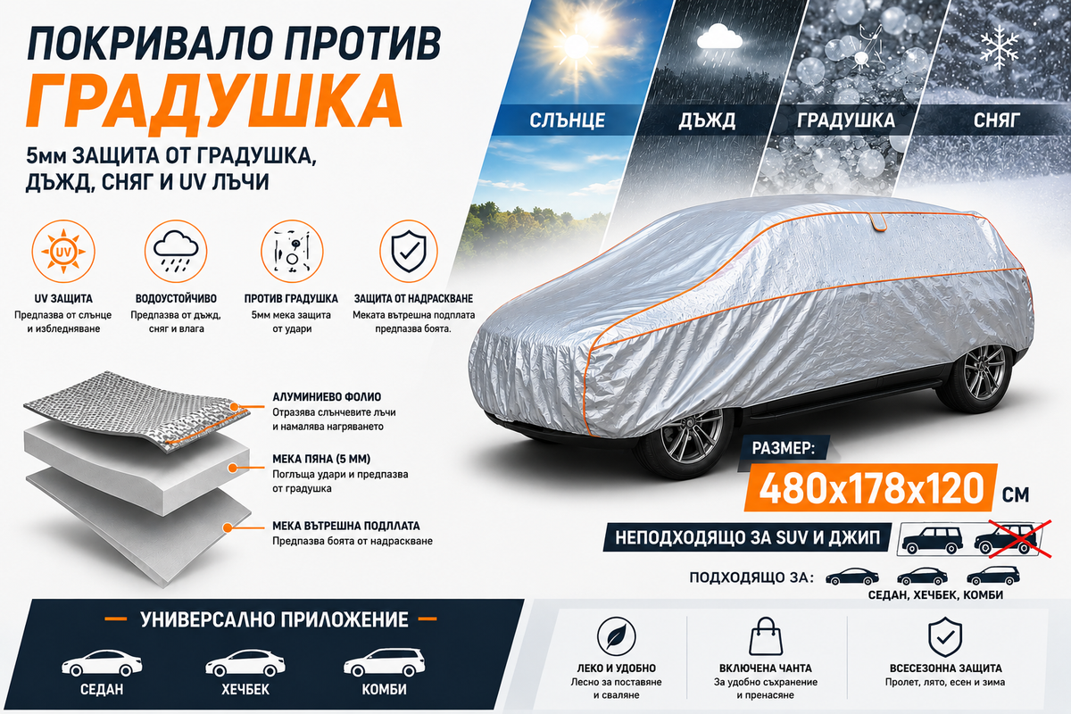 Покривало Против Градушка за Автомобил Размер L 480x178x120 см – 5 мм Защита от Градушка, Дъжд, Сняг и UV Лъчи