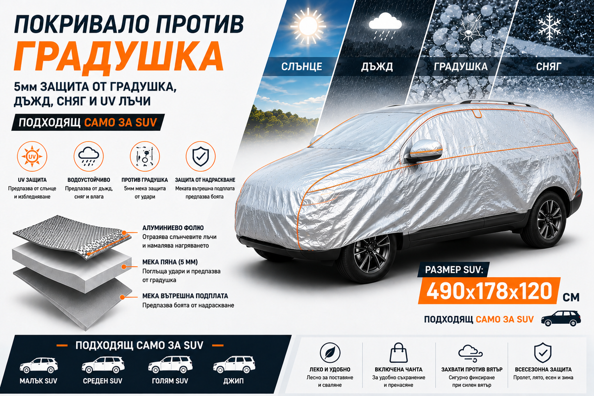 Покривало Против Градушка за SUV / Джип XL 490x178x120 см – 5 мм Защита от Градушка, Дъжд, Сняг и UV Лъчи