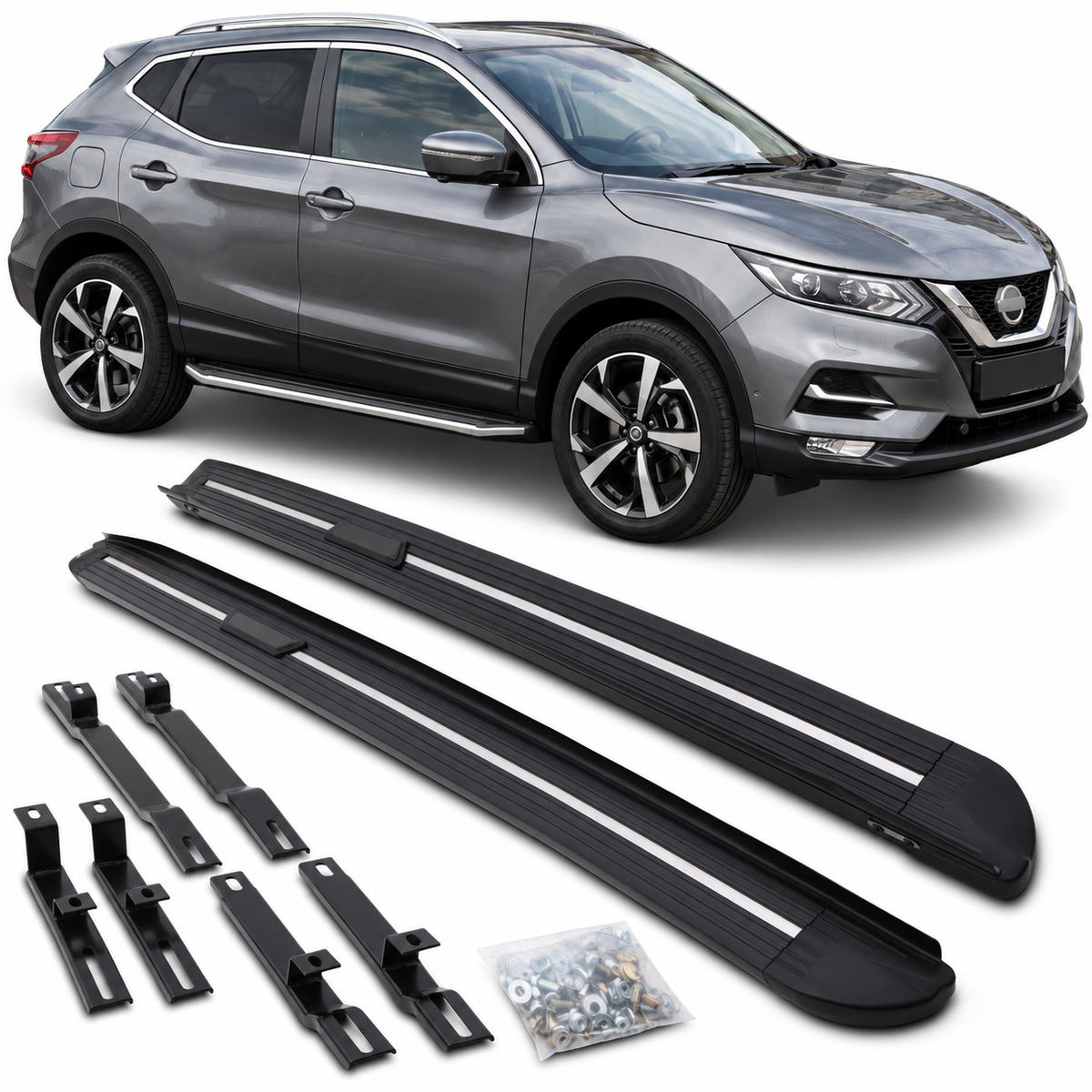 Странични степенки за Nissan Qashqai J11 (2014–2021) – Черни със сребристи лайсни