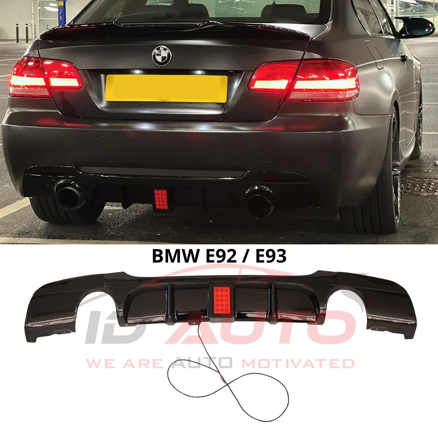 Двоен дифузьор за Задна броня BMW E92/ E93 с F1 стоп – Черен гланц с щипки