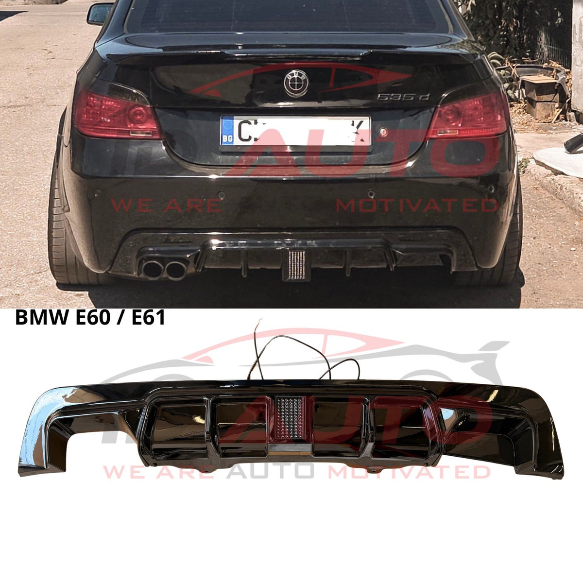 Единичен дифузьор за задна броня BMW E60 / E61 с F1 стоп – Черен гланц на щипки