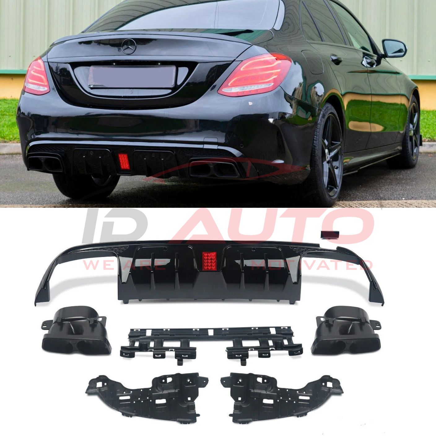 BRB заден дифузьор за Mercedes C-Class W205 (2014-2019) с F1 стоп и накрайници  – Черен гланц