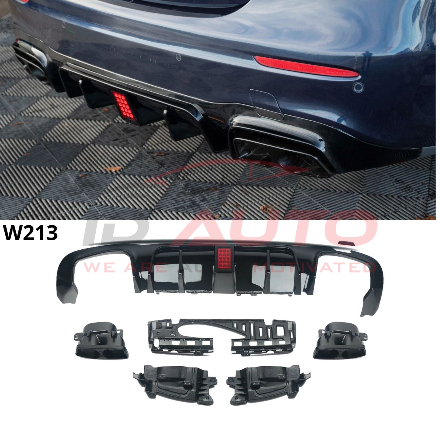 BRB Заден дифузьор за Mercedes E-Class W213 (2016-2019) с F1 стоп и накрайници  – Черен гланц