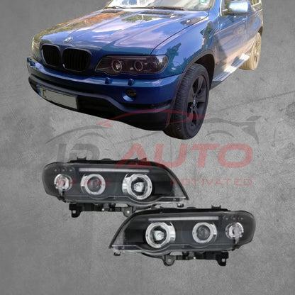 Комплeкт Кристални фарове с Angel Eyes за BMW X5 Е53 (99-03) - черни
