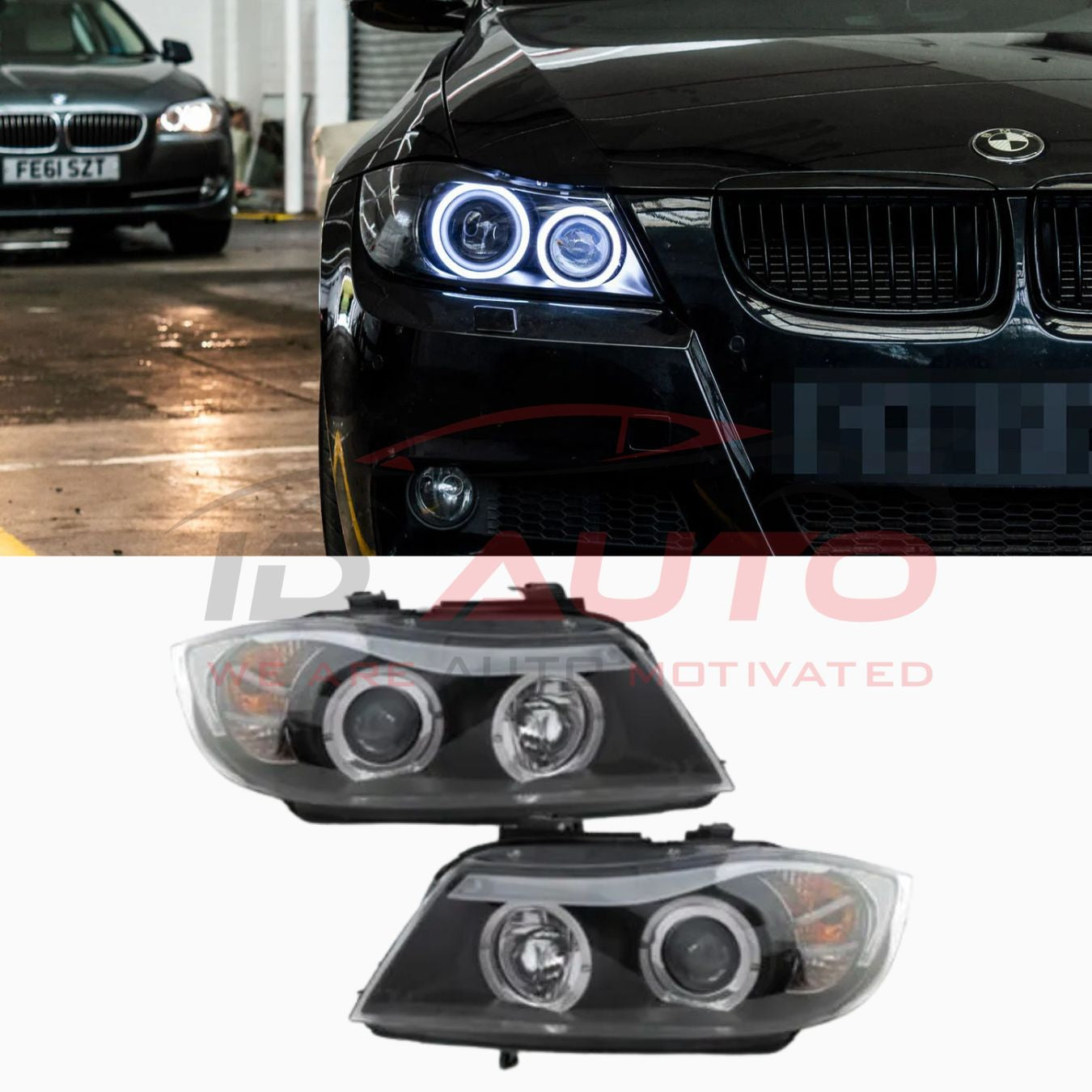 Кристални фарове CCFL Angel Eyes за BMW E90 / E91 (2005–2008) – Черен корпус
