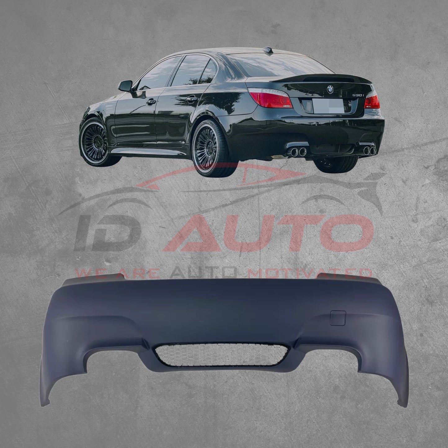 Задна броня за BMW E60 Sedan – M5 дизайн, без отвори за парктроник, грундирана