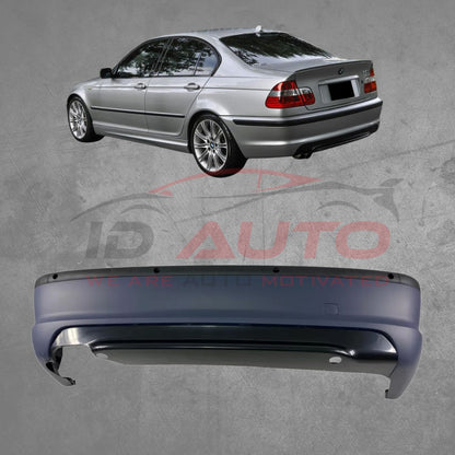 Задна броня за BMW E46 sedan – M-Tech дизайн, с отвори за парктроник 18 mm, грундирана