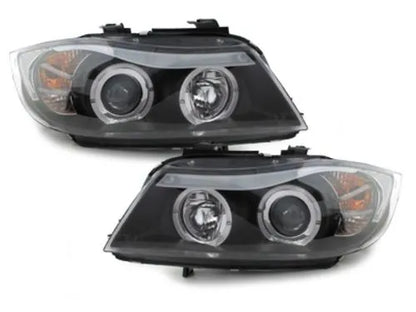 Кристални фарове CCFL Angel Eyes за BMW E90 / E91 (2005–2008) – Черен корпус
