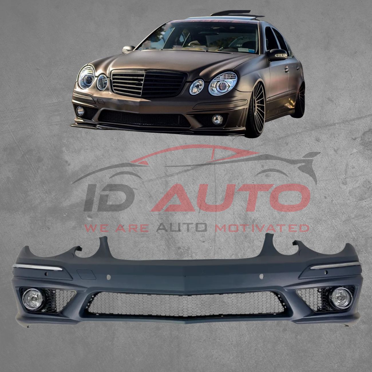 Предна броня AMG за Mercedes E-Class W211 (2006–2009) с парктроник отвори и халогени – грундирана