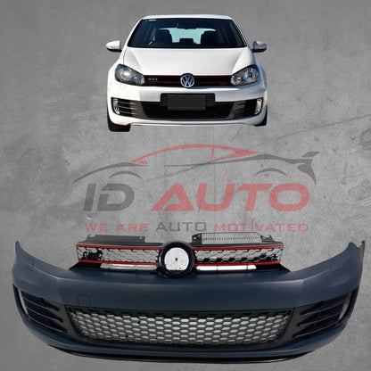 Предна броня VW Golf 6 – GTI дизайн с решетка и халогени, с/без отвори за парктроник, грундирана