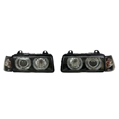Кристални фарове Angel Eyes за BMW E36 Седан (1991–2000) – Черен корпус