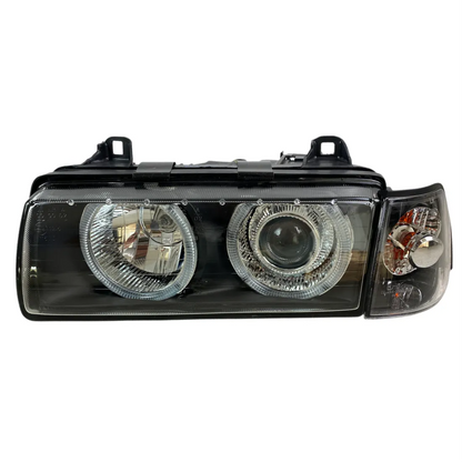 Кристални фарове Angel Eyes за BMW E36 Седан (1991–2000) – Черен корпус