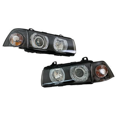Кристални фарове Angel Eyes за BMW E36 Седан (1991–2000) – Черен корпус