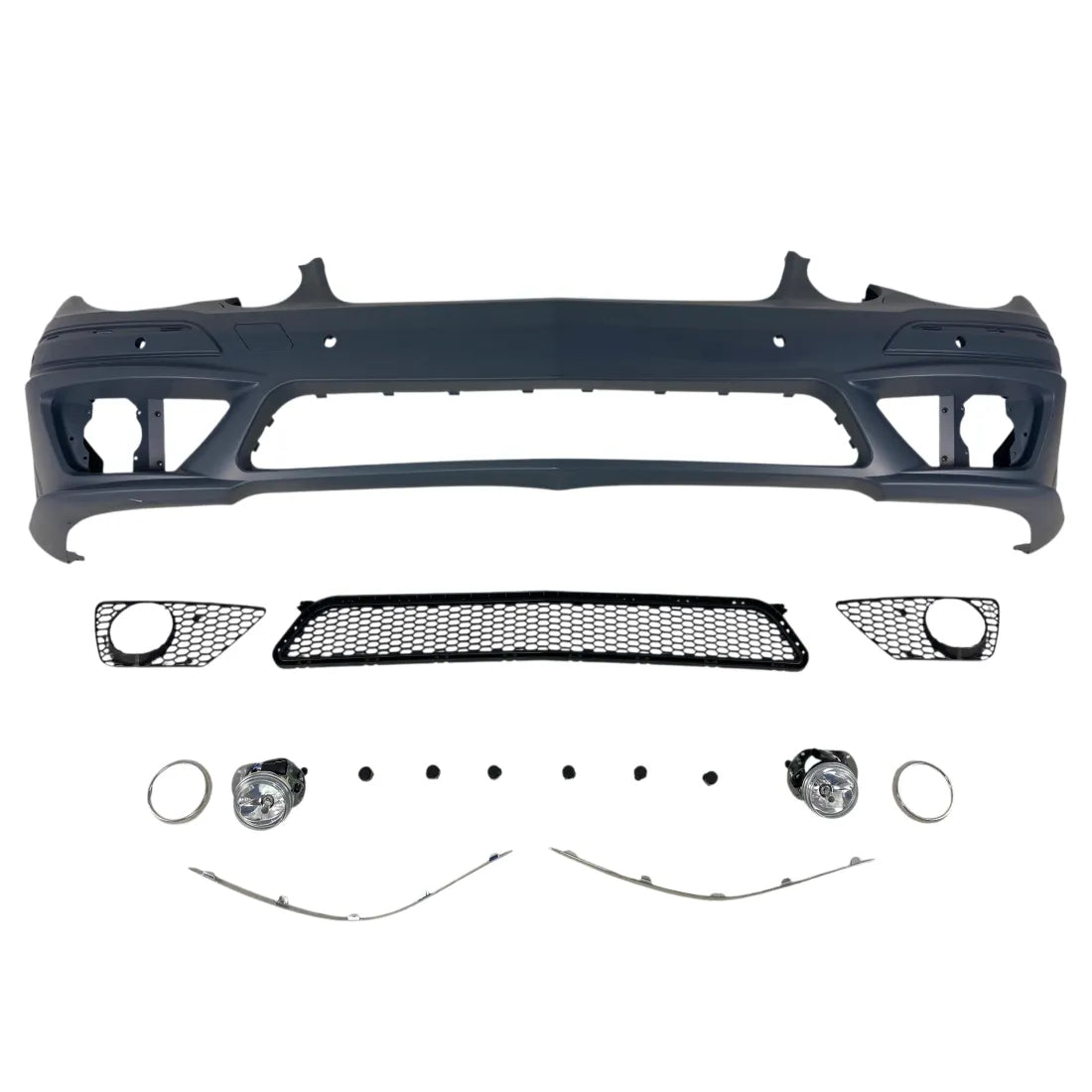 Предна броня AMG за Mercedes E-Class W211 (2006–2009) с парктроник отвори и халогени – грундирана