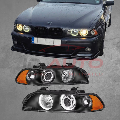 Комплект тунинг фарове с Angel Eyes за BMW 5 Series E39 (1997–2003) – черни, с включени крушки